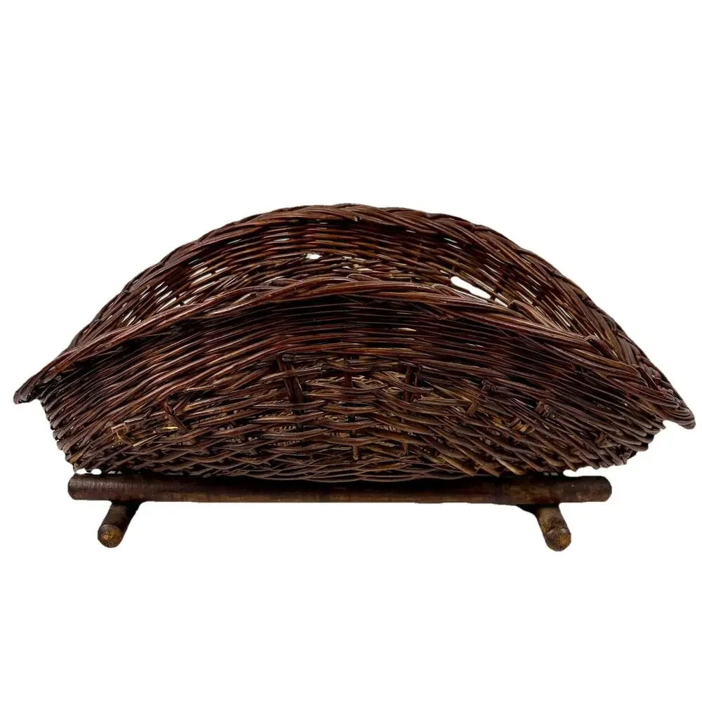 Large Rustic Wicker Harvest Basket Wood Base Fire Log Holder Blanket Storage